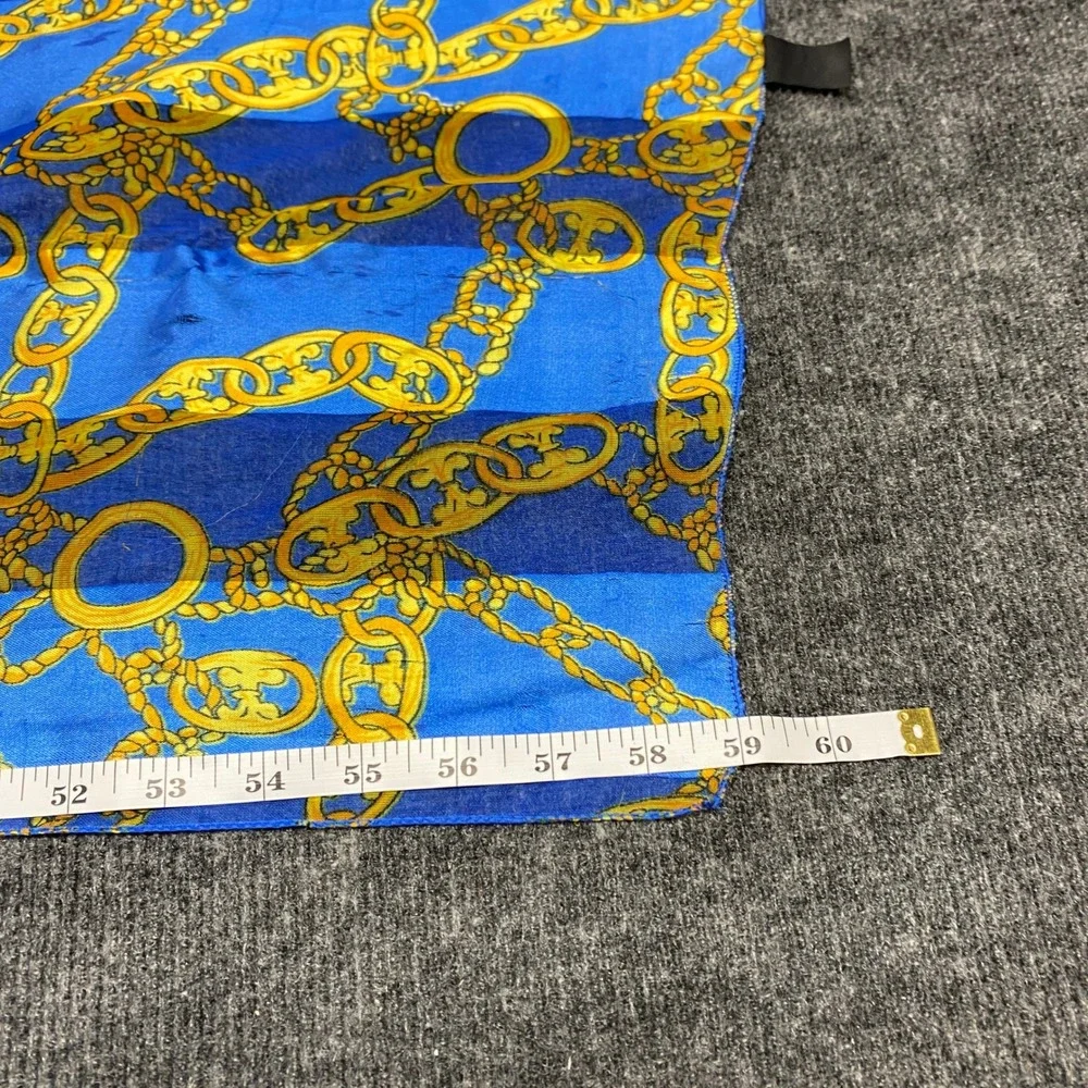 Vintage Style Gold Chain Link Blue Striped Lightweight Silk Feel Scarf